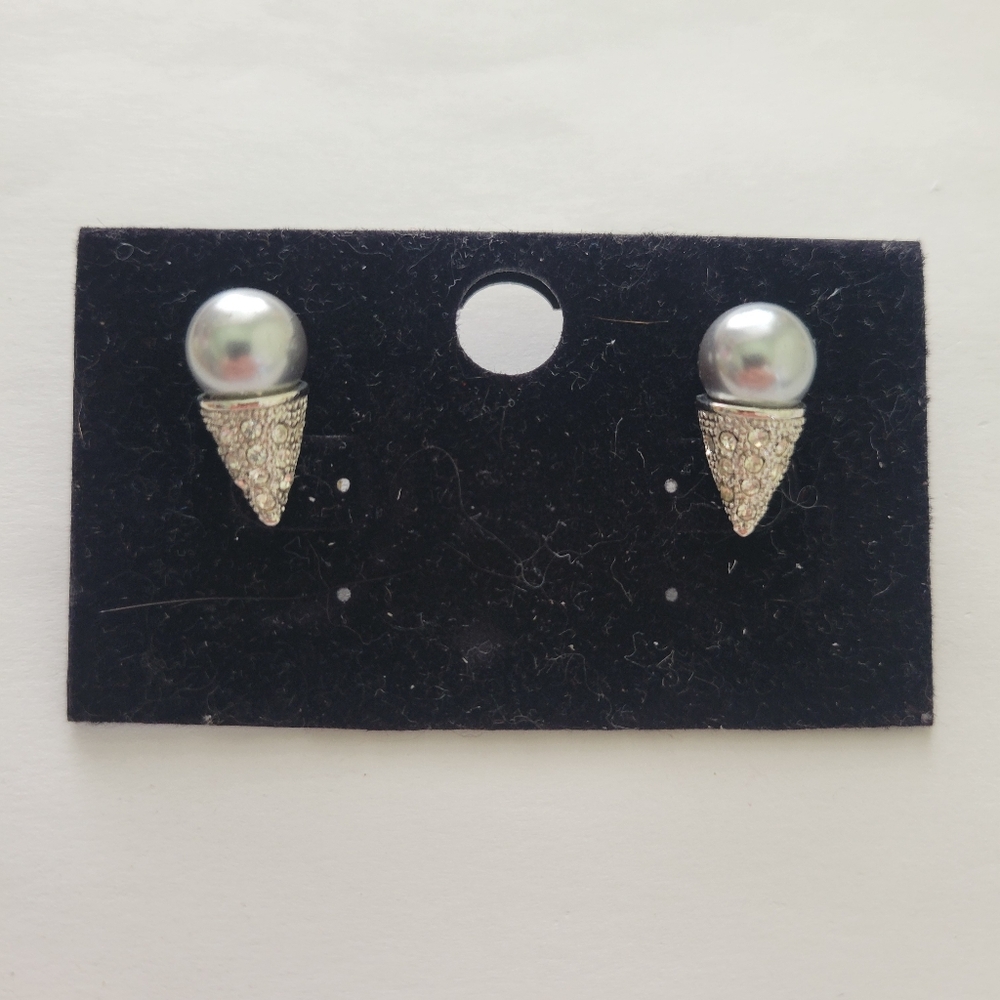 Vtg Ice Cream Cone Pierced Stud Earrings Glass Pearl Rhinestone Silver Tone